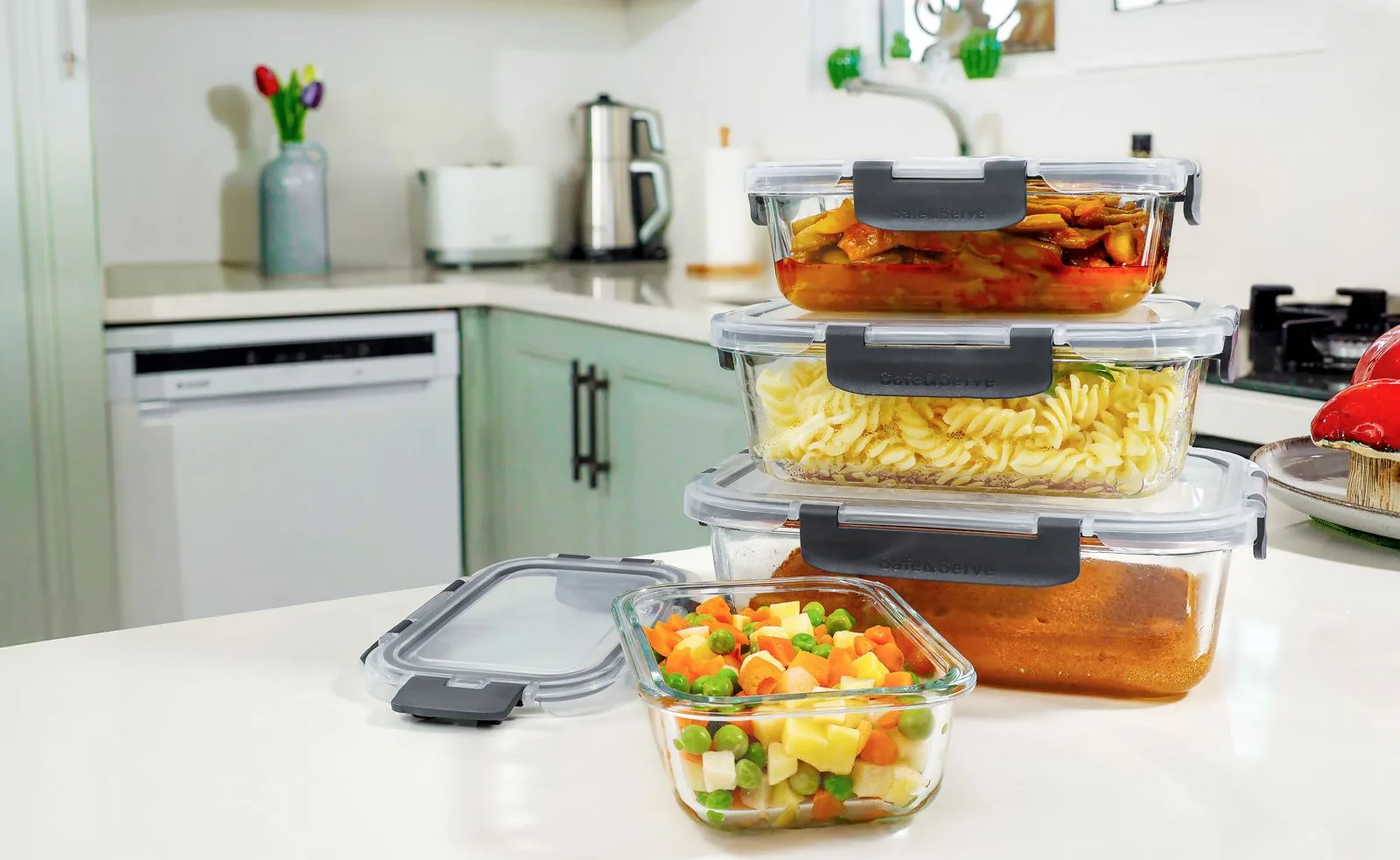 SAFE&SERVE 4'lü Dikdörtgen Kilitli Cam Saklama Kabı Seti